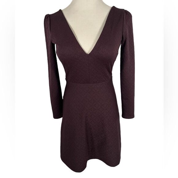 Cooperative Textured Plum Purple Long Sleeve Dress Deep V Neck A-Line Skater - Picture 9 of 9
